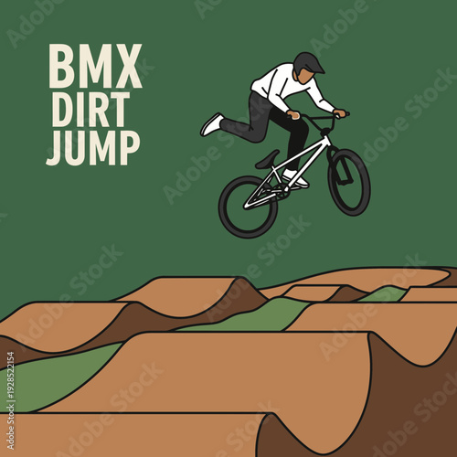 BMX Rider Executes Aerial Stunt Over Dirt Jumps Against a Green Backdrop Illustrative Design