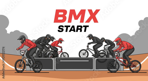 Bmx Race Athletes Ready At The Starting Line Vector Illustration Sport Activity