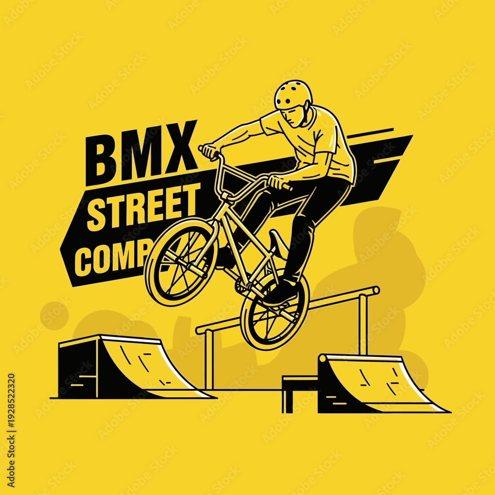 Naklejka premium BMX Street Competition: Graphic Depiction of a Cyclist Performing a Stunt on Yellow Background