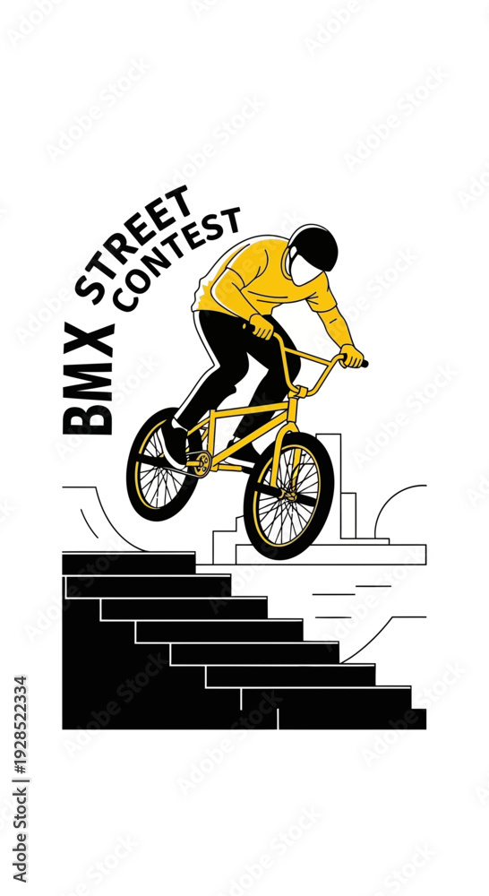 Fototapeta premium BMX Street Contest Illustration: Dynamic Cyclist Executes Aerial Maneuver Over Stairs