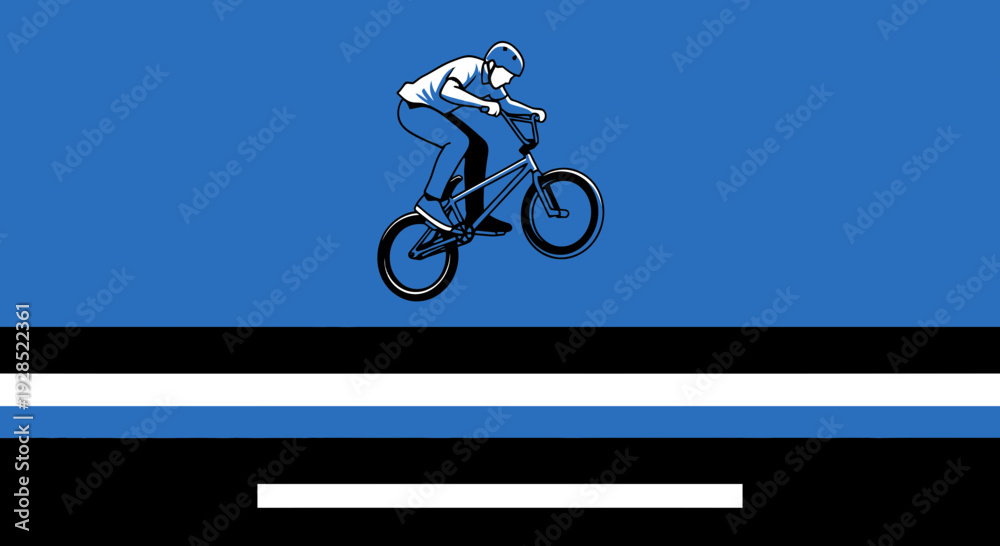 Naklejka premium BMX Stunt Performed Over Abstract Geometric Graphic in Blue, Black, And White