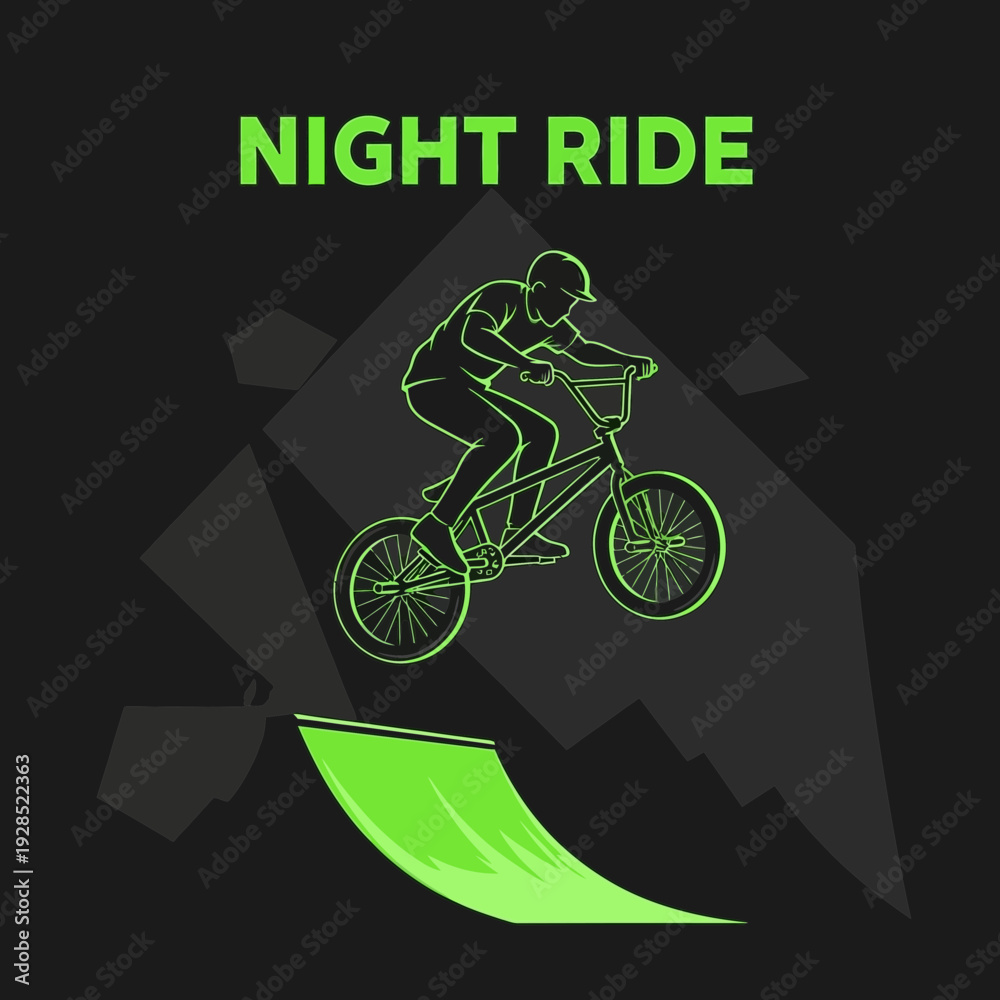 Fototapeta premium BMX Stunt at Night: Silhouette of Rider Performing Aerial Trick Over Ramp