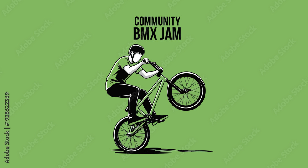 Obraz premium BMX Stunt Performer Performing A Wheelie Against A Green Backdrop Illustration