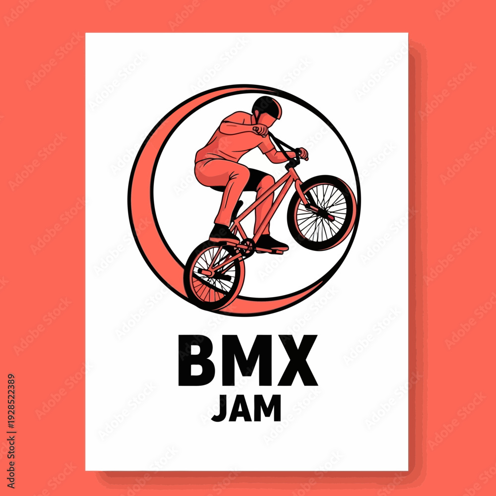 Obraz premium BMX Stunt Rider Executes Impressive Wheelie on Bicycle within Crimson Crescent Logo Design