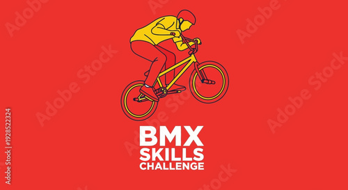 BMX Skills Challenge: Vibrant Illustration of a Cyclist Performing Stunts on Red Background