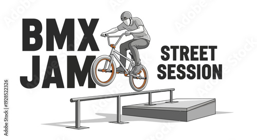BMX Street Session Depicting Rider Executing a Trick on a Rail with Clean Illustration
