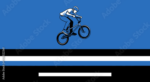BMX Stunt Performed Over Abstract Geometric Graphic in Blue, Black, And White
