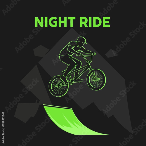 BMX Stunt at Night: Silhouette of Rider Performing Aerial Trick Over Ramp