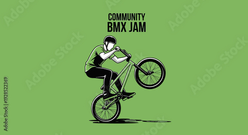 BMX Stunt Performer Performing A Wheelie Against A Green Backdrop Illustration