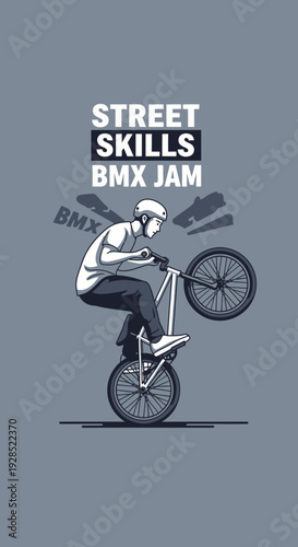 BMX Stunt Performer Showcasing Street Skills with Dynamic Bicycle Maneuver Display
