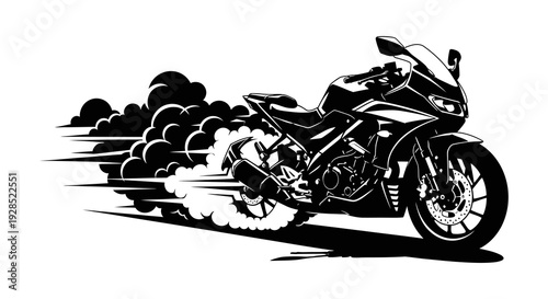A dynamic black and white illustration of a speeding sport motorcycle with smoke