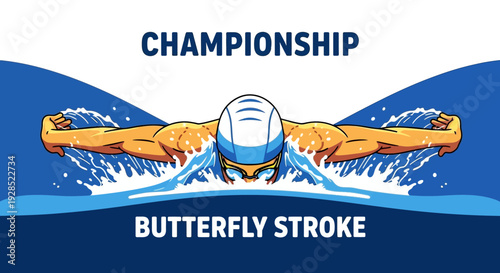 Butterfly Stroke Swimmer in Championship Competition, Aquatic Sport Vector Illustration