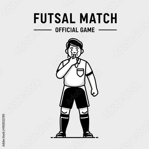 Cartoon Referee Blowing Whistle in Futsal Match, Official Game, Illustration for Sports Design