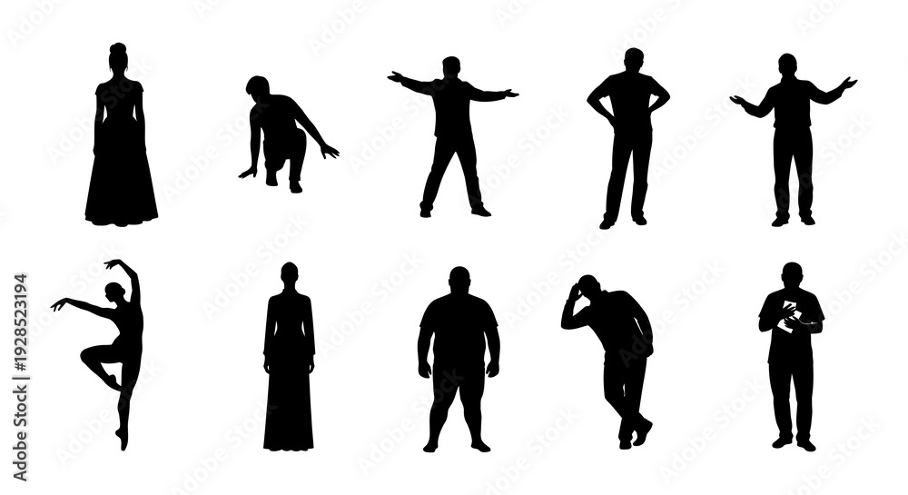 Fototapeta premium Silhouettes of people in various poses against a plain white background