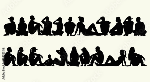 Silhouettes of people in various poses arranged in two rows against a beige background