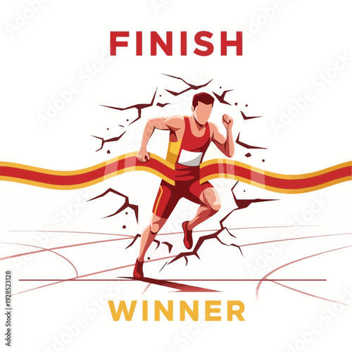 Champion Crossing the Finish Line, Athlete Triumphing, Reaching Victory and Success, Illustration