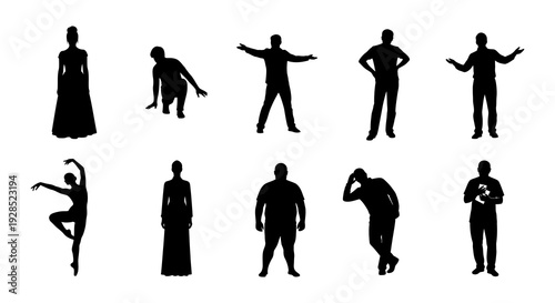 Silhouettes of people in various poses against a plain white background