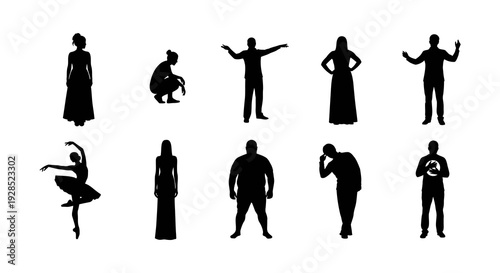 Collection of diverse black silhouettes depicting various human poses and figures