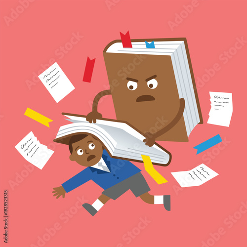 Scared student attacked by angry book.