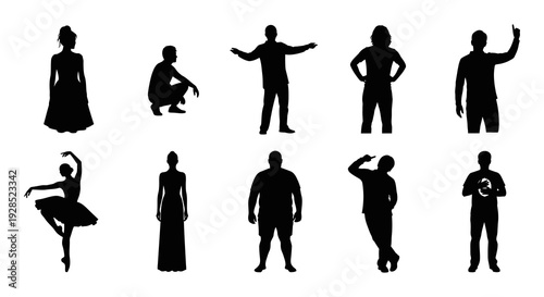 Collection of diverse black silhouettes depicting people in various poses and activities