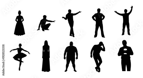 Silhouette collection of people in various poses and clothing styles