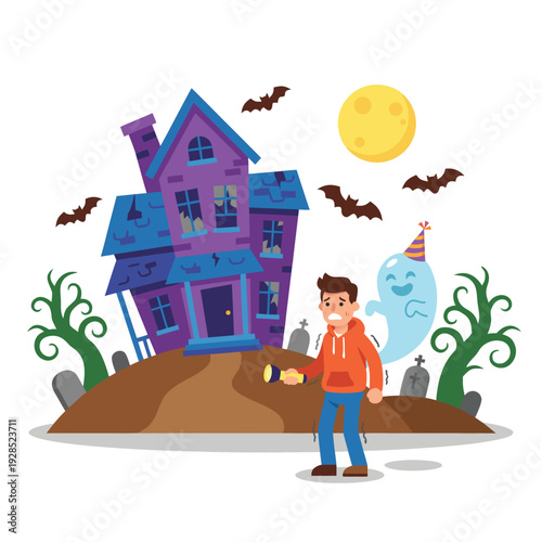 Spooky Haunted House Halloween Scene with Ghost and Bats.