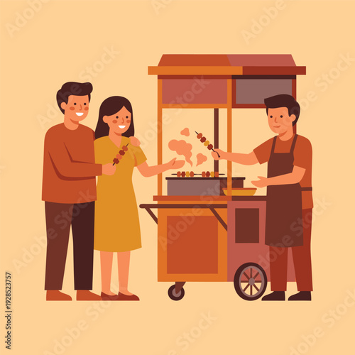 Street food vendor serving customers skewers.