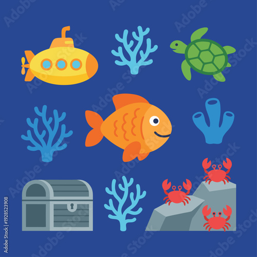 Underwater cartoon scene with marine life and treasure chest.