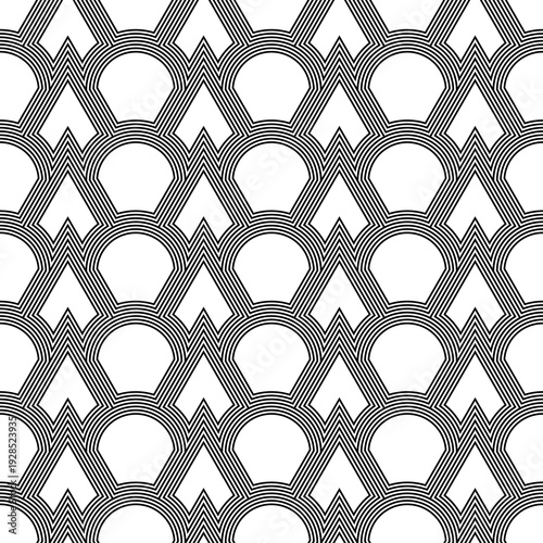 Fish scale wallpaper. Asian traditional ornament with repeated scallops. Repeated white triangular and circular shapes on black background. Seamless surface pattern design with curves and lines.