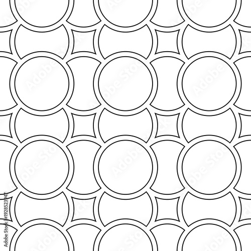 Black figures outlines background. Circles and squares texture. Ethnic motif. Seamless surface pattern design with circular embroidery ornament. Digital paper with rings, textile print, web designing.