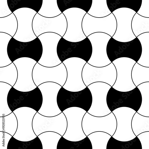 Apple core quilts texture. Patchwork motif. Seamless surface pattern design with ethnic ornament. White interlocking axehead figures on black background. Digital paper with hammerhead shapes.