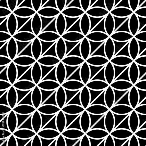 Black figures on white background. Texture with ovals and triangles. Ethnic motif. Seamless surface pattern design with circular ornament. Pavement wallpaper. Digital, textile print, web designing.