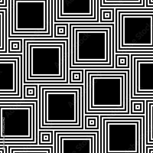 Pythagorean tiling. Seamless surface pattern design with flooring ornament. Squares tessellation vector. Repeated black checks on white background. Mosaic motif. Parquet wallpaper. Digital paper art.