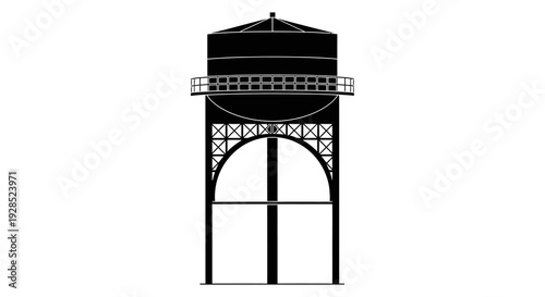 A black and white illustration of a water tower with a detailed structural base