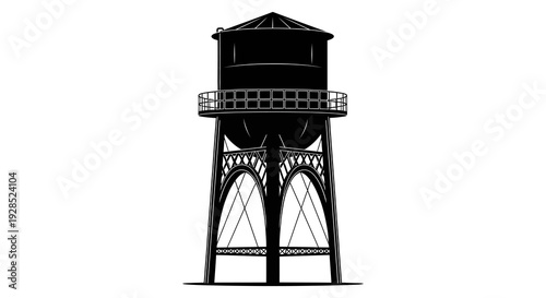 A detailed black and white illustration of a vintage water tower structure