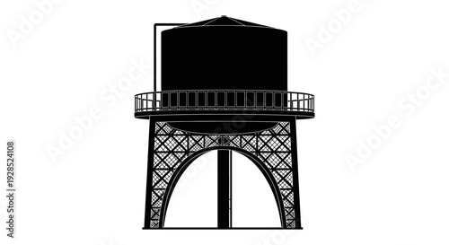 Black and white illustration of a classic rooftop water tower structure