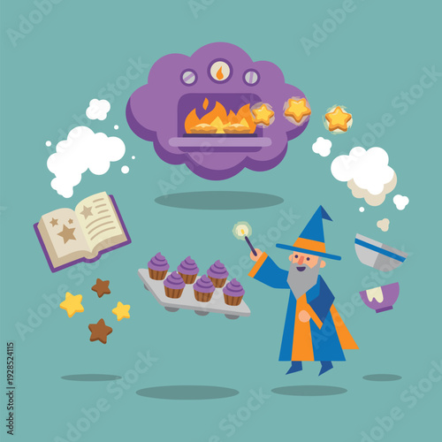 Wizard Baking Magical Cupcakes with Enchanted Oven.