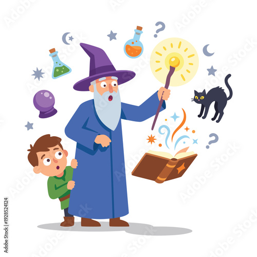 Wizard casting a spell with a young boy watching.