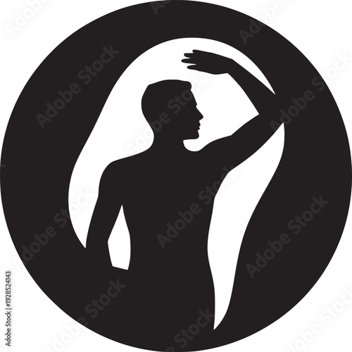 Man reaching for future success within bold abstract circular design, conveying ambition and vision