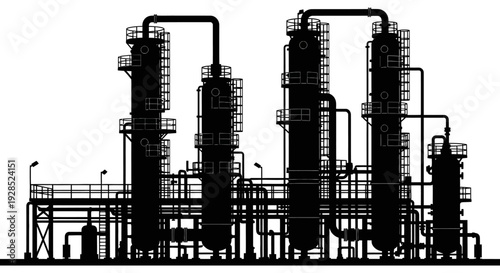 Silhouette of an industrial complex featuring multiple distillation towers and pipelines