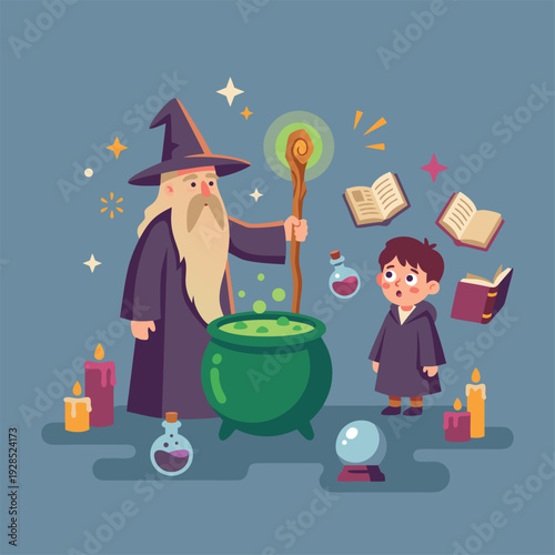 Wizard Teaching Apprentice Magic Potion Making.