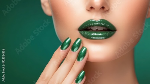 Woman's Lips and Nails with Emerald Green Metallic Polish