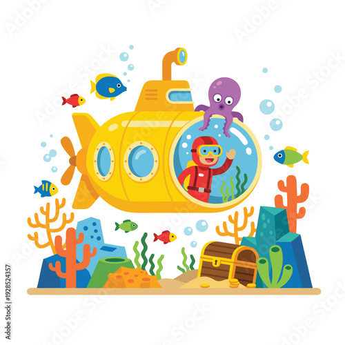 Yellow Submarine Adventure with Scuba Diver and Octopus.