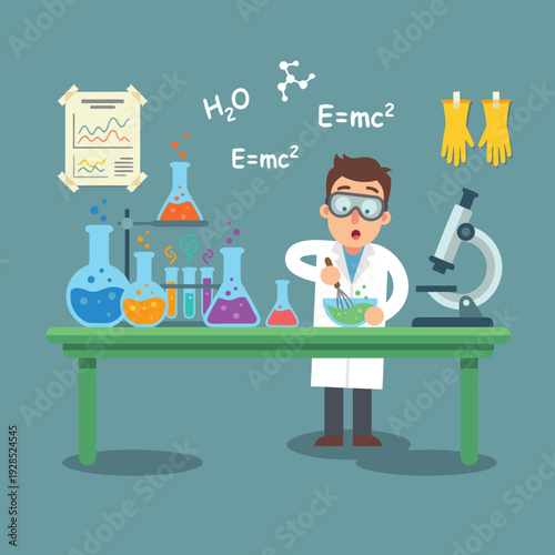 Young scientist conducting experiment in laboratory with scientific equipment and formulas.