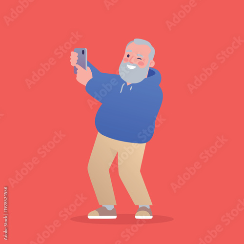 Elderly Man Taking a Selfie with Smartphone.