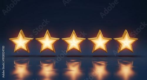 Five golden stars glowing on a dark blue background with reflections.