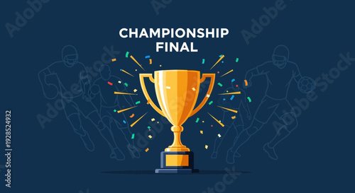 Championship Final Trophy Celebration With Football Players On The Dark Blue Background