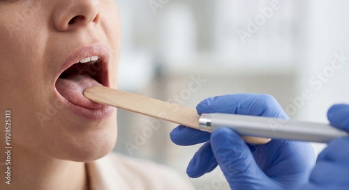 Doctor Examines Woman's Throat with Tongue Depressor