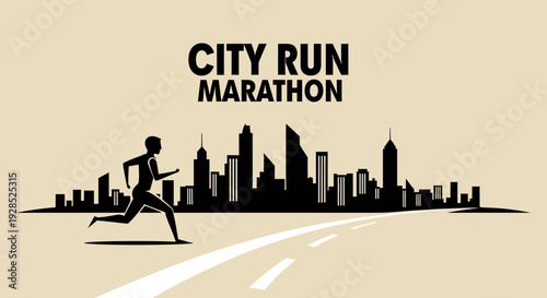 City Marathon Runner Silhouette Against Urban Skyline Race Course Illustration Design