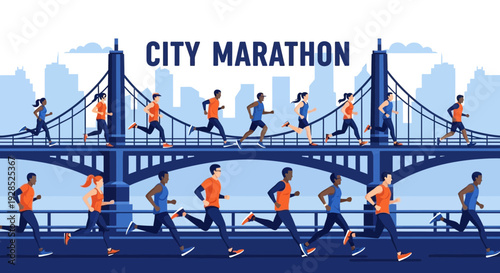 City Marathon Runners Crossing Bridge in Animated Perspective for Fitness and Sport Activities